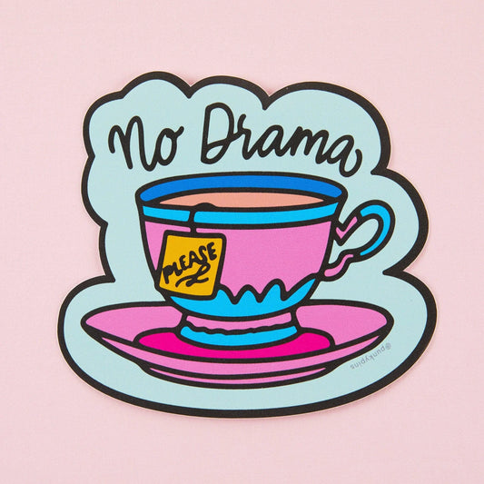Punky Pins sticker: a pink teacup with a 'Please' teabag tag and 'No drama'