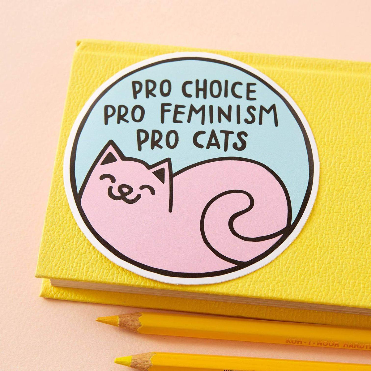 Punky Pins round sticker: a pink cat with 'Pro choice, pro feminism, pro cats'