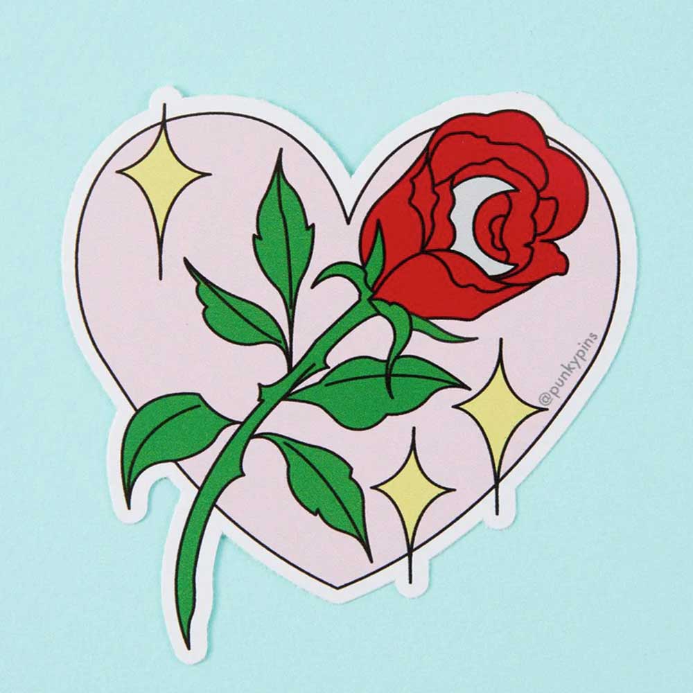 Pink heart sticker with a red rose and sparkles