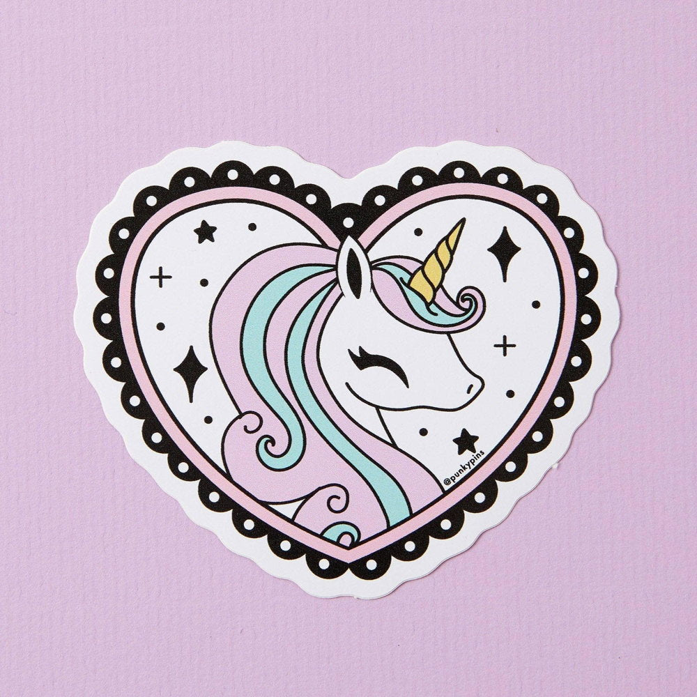 Punky Pins heart-shaped sticker with a pastel unicorn