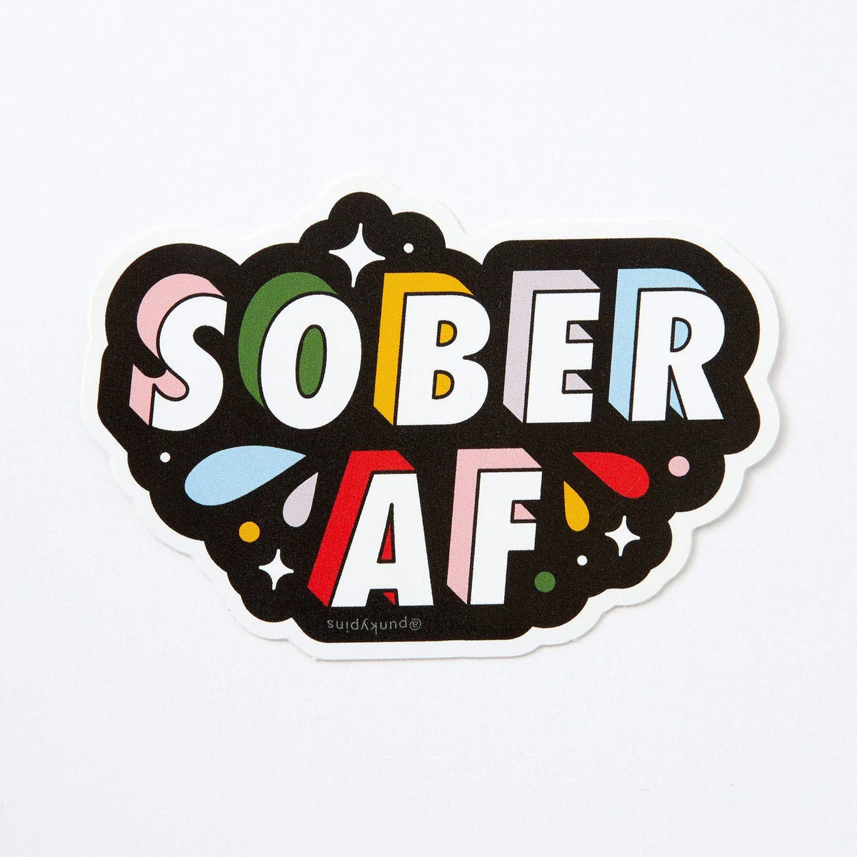 Sticker in bold multicoloured letters: Sober AF