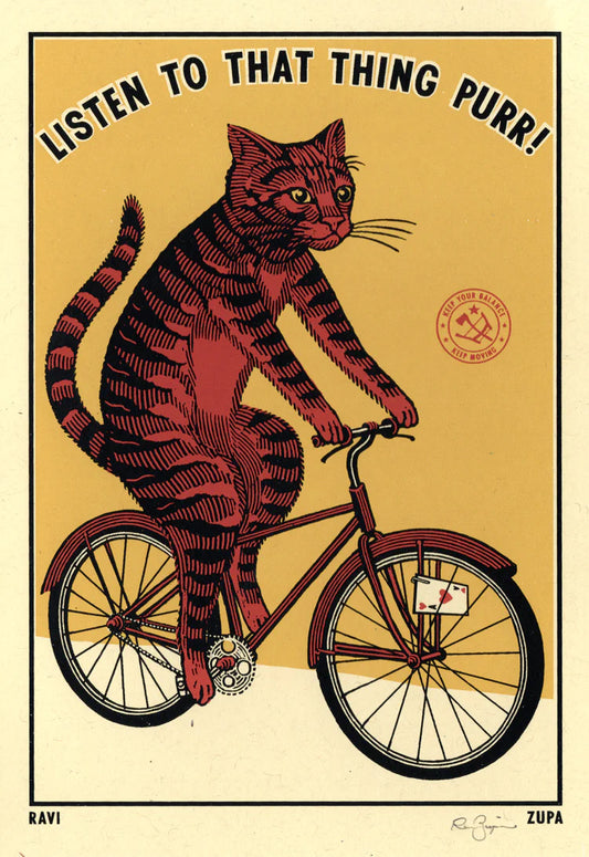 Ravi Zupa A5 print: a tabby cat on a bicycle, with 'Listen to that thing purr!'