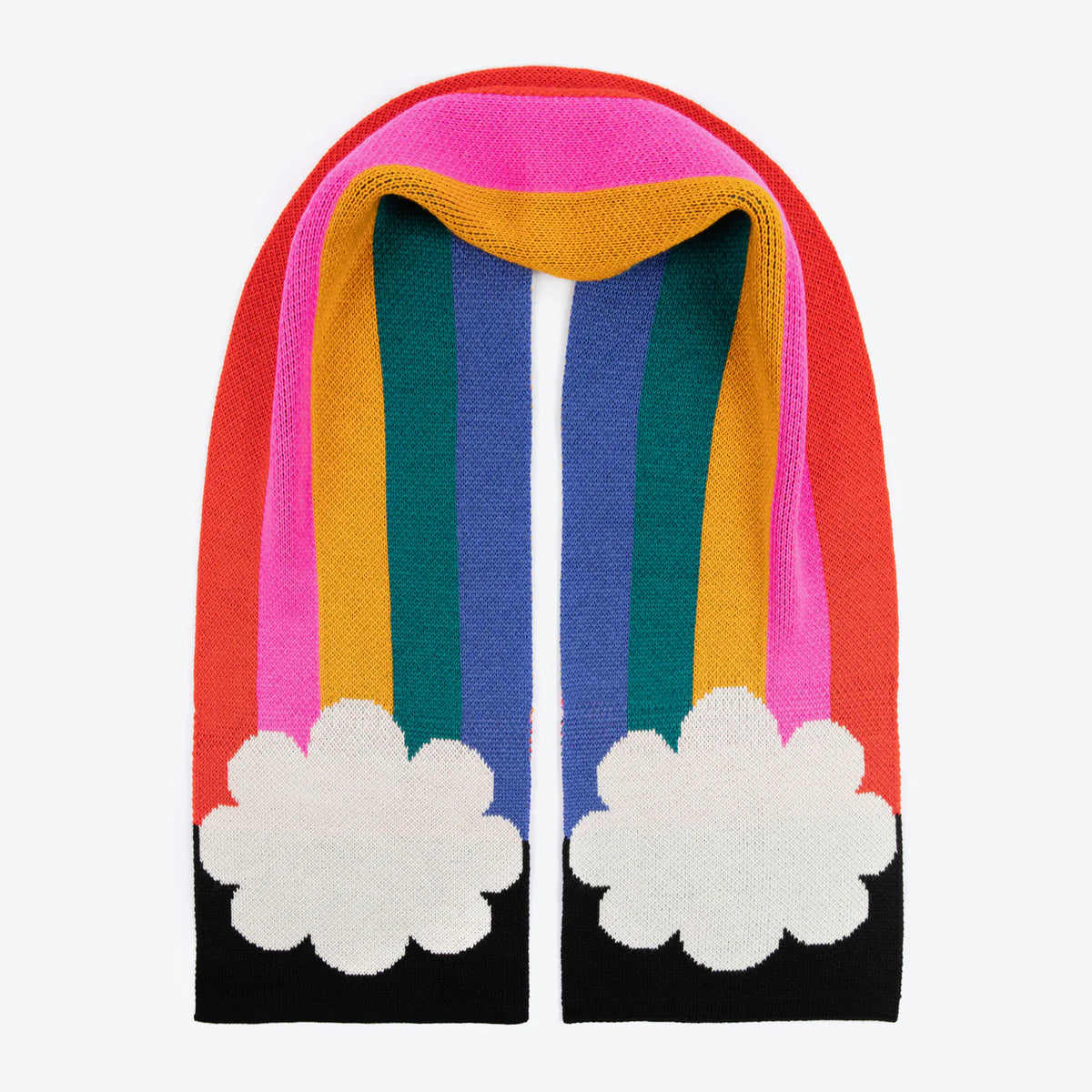 Miss Pom Pom x Tatty Devine rainbow scarf: knitted stripes in pink, red, green, blue and yellow ending in white clouds