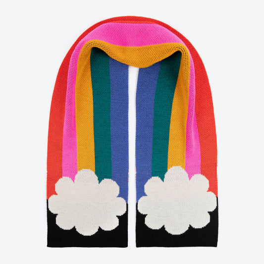 Miss Pom Pom x Tatty Devine rainbow scarf: knitted stripes in pink, red, green, blue and yellow ending in white clouds