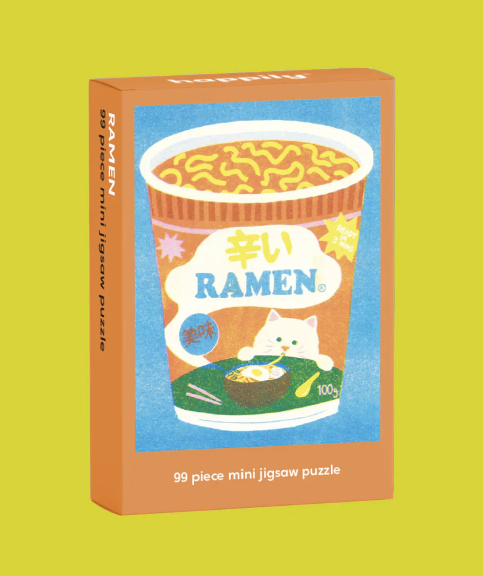 99 piece mini jigsaw puzzle box with a cat eating from a giant cup of ramen