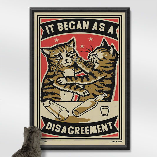 Framed screenprint of two tabby cats fighting over spilled drinks: It began as a disagreement