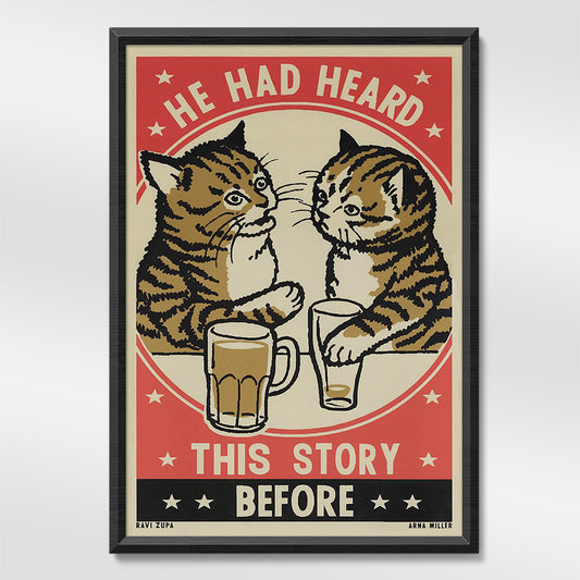 Framed screenprint of two tabby cats with beers: He had heard this story before