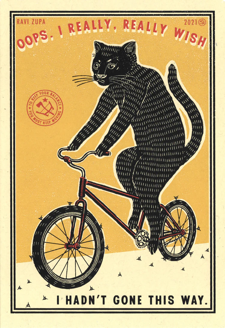 Print of a black cat riding a bicycle: Oops. I really, really wish I hadn't gone this way.
