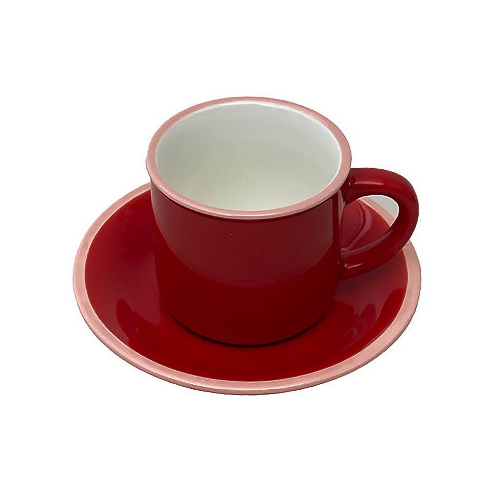 Red ceramic espresso cup on a matching red saucer, white inside
