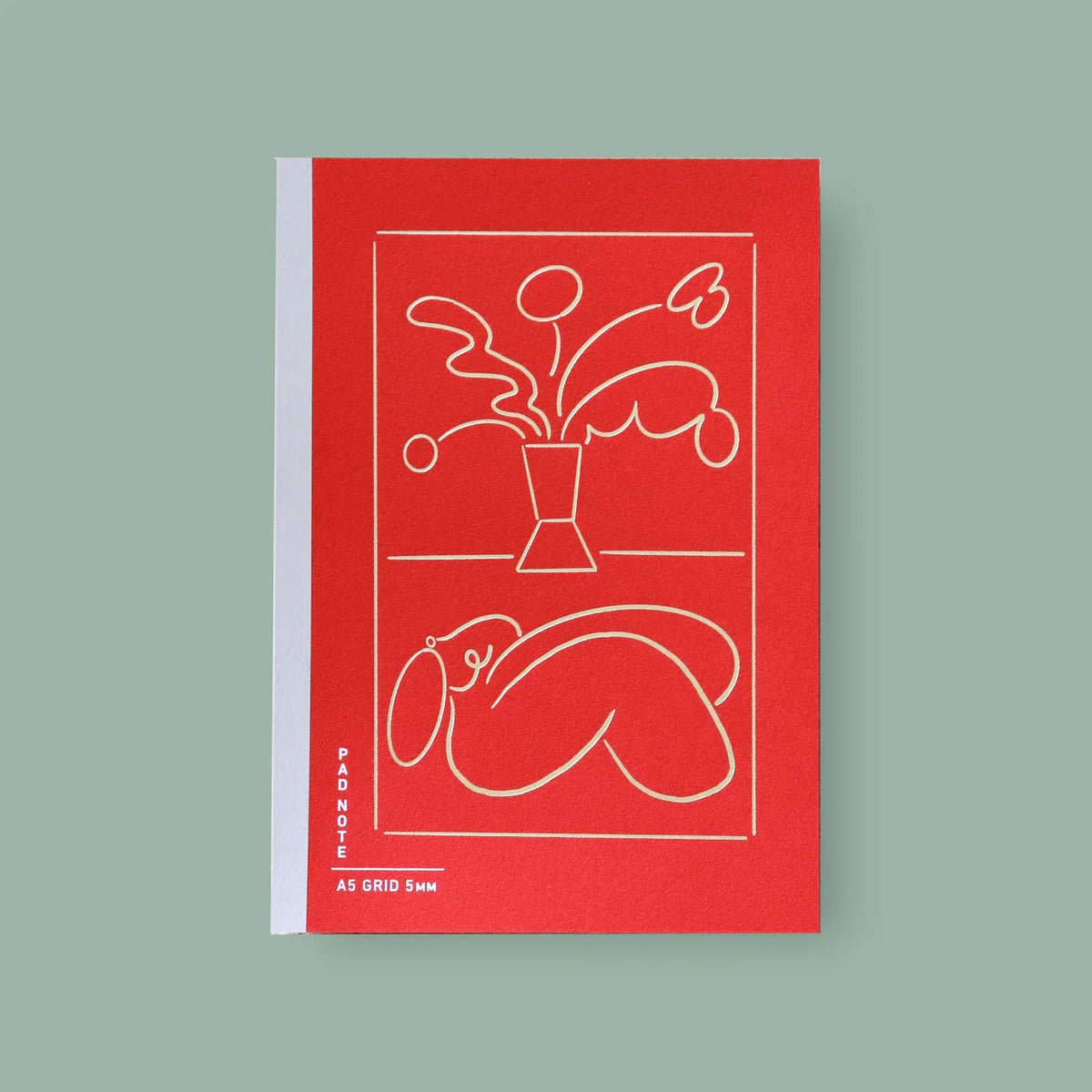 Sikigu red A5 notebook with a white line drawing of a vase and a reclining figure