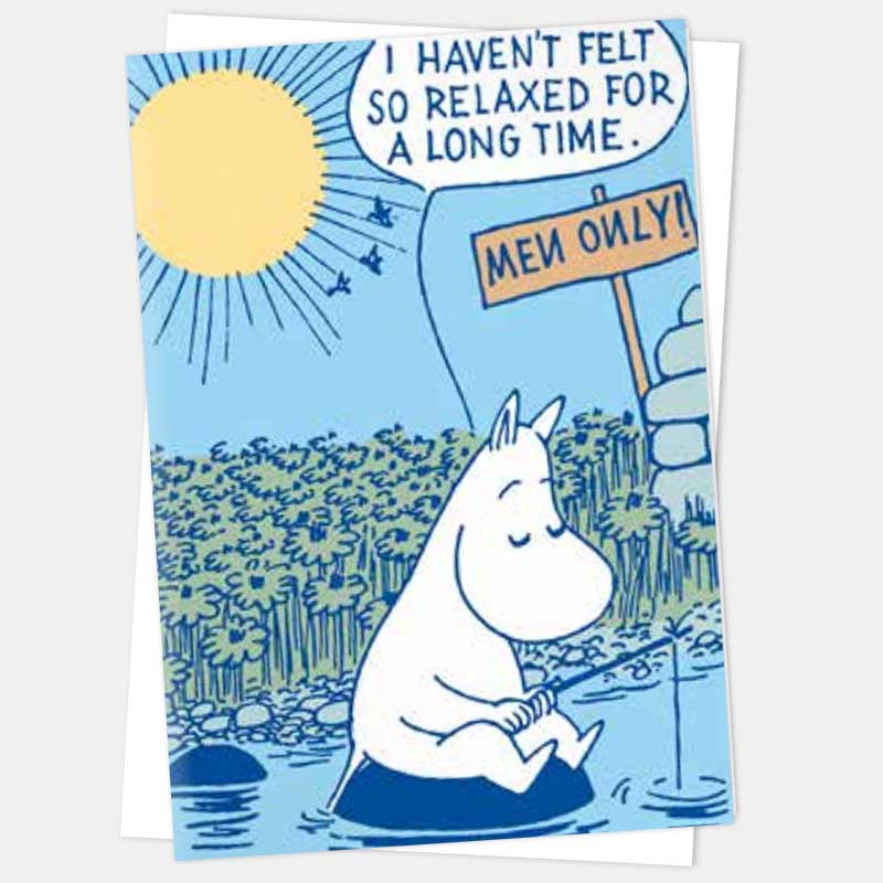 Moomin card: Moomintroll relaxing in water by a 'Men only!' sign, saying 'I haven't felt so relaxed for a long time.'