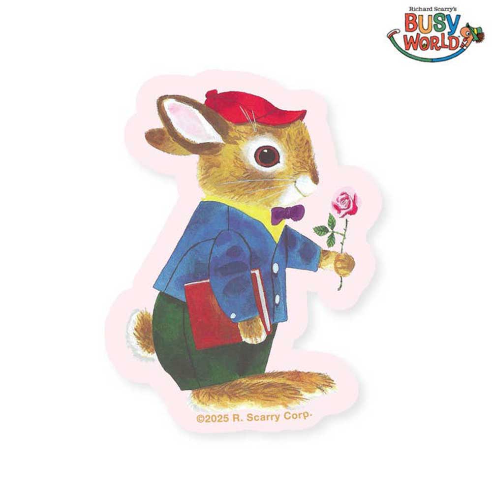 Richard Scarry sticker: a rabbit in a red beret holding a rose and a book