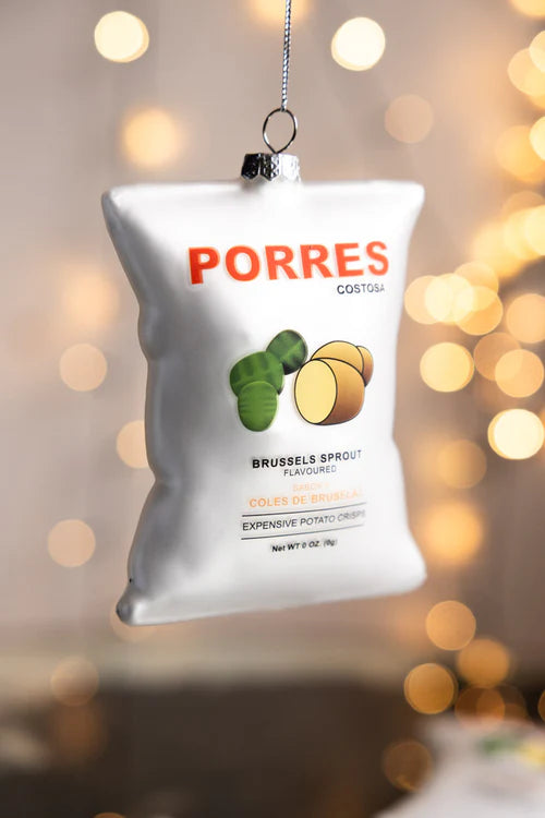 Porres crisps decoration hanging in front of fairy lights
