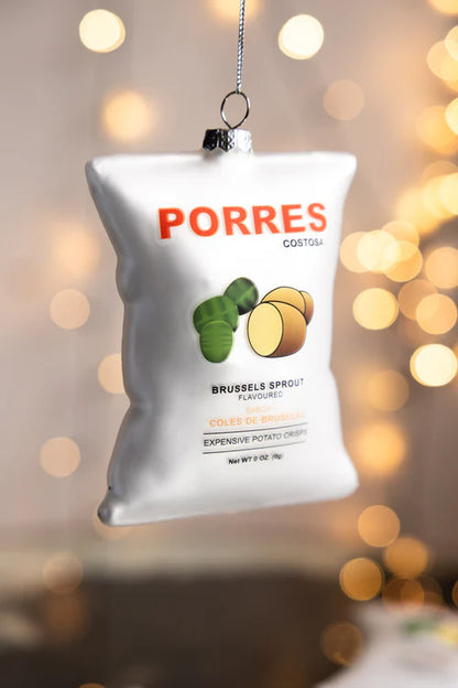 Porres crisps decoration hanging in front of fairy lights