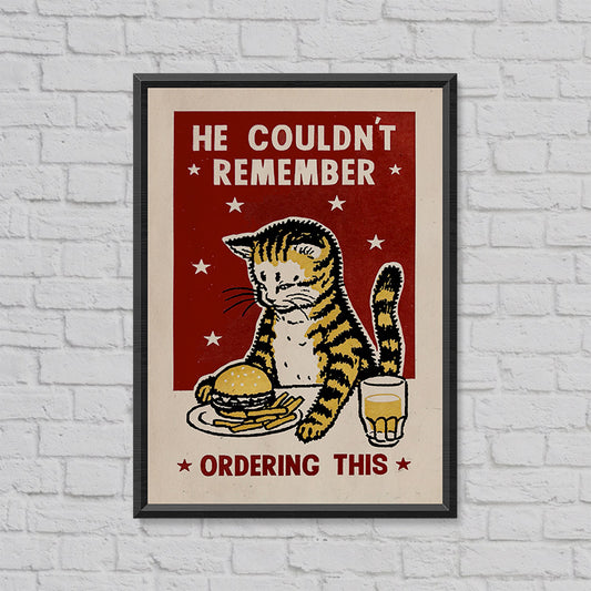 Framed screenprint of a tabby cat with a burger and a drink: He couldn't remember ordering this
