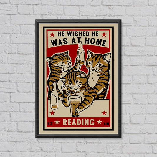 Framed screenprint of three tabby cats at a bar: He wished he was at home reading