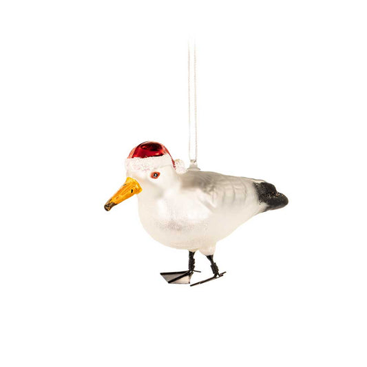 Glass Christmas bauble shaped like a seagull in a red hat
