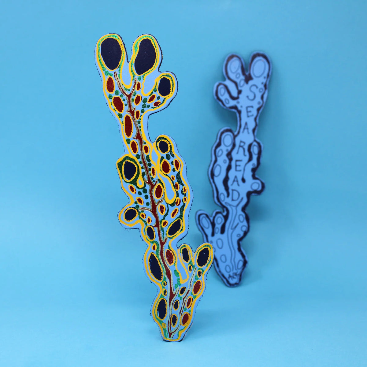 Ark blue seaweed bookmarks, one reading 'Seareads', on blue