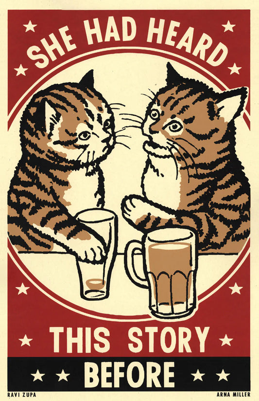 Print of two tabby cats with drinks at a bar: She had heard this story before