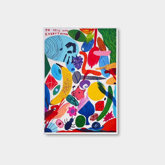 David Shrigley 'To hell with everything' jigsaw puzzle box with colourful shapes