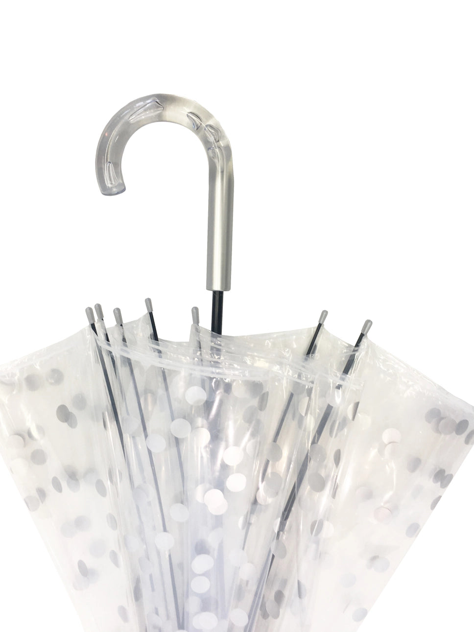 Close-up of the silver handle and polka dots