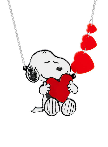 Tatty Devine x Peanuts necklace: Snoopy hugging a red heart with three red hearts on the chain
