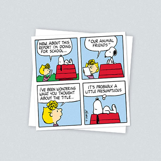 Peanuts card: a four-panel comic of Sally writing a school report on 'Our animal friends' with Snoopy