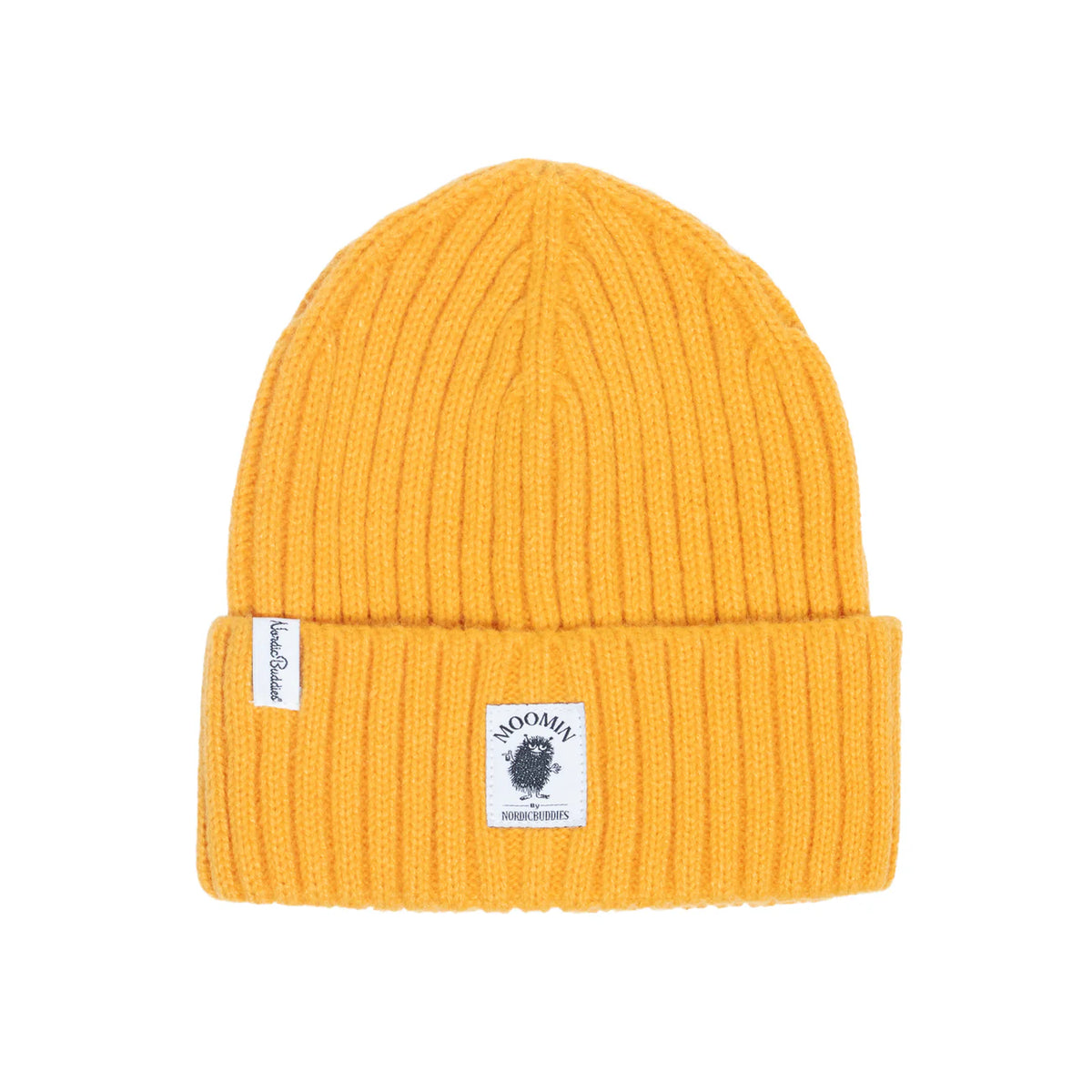 Nordic Buddies yellow ribbed beanie with a Stinky patch