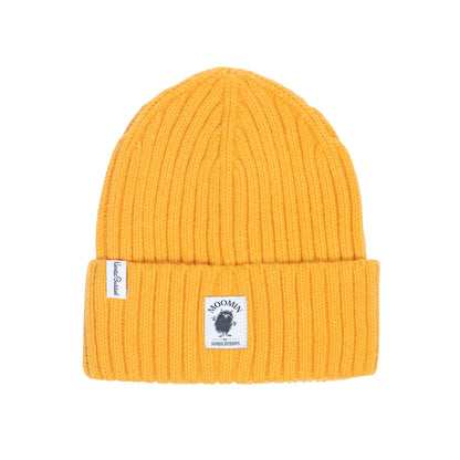 Nordic Buddies yellow ribbed beanie with a Stinky patch