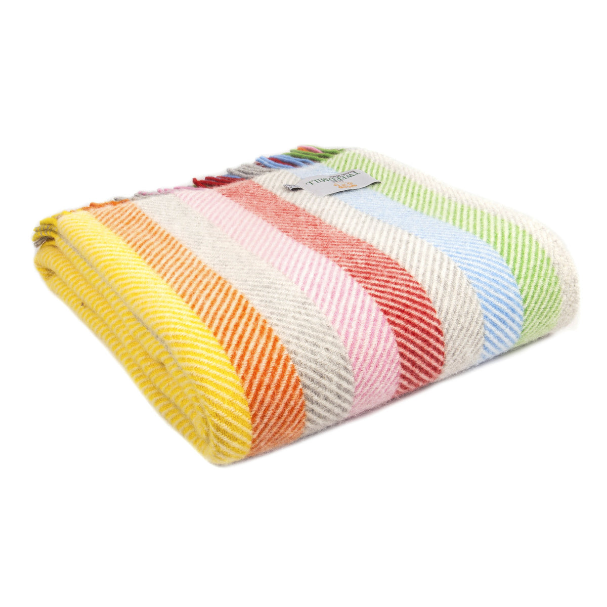Folded wool throw with rainbow and grey stripes