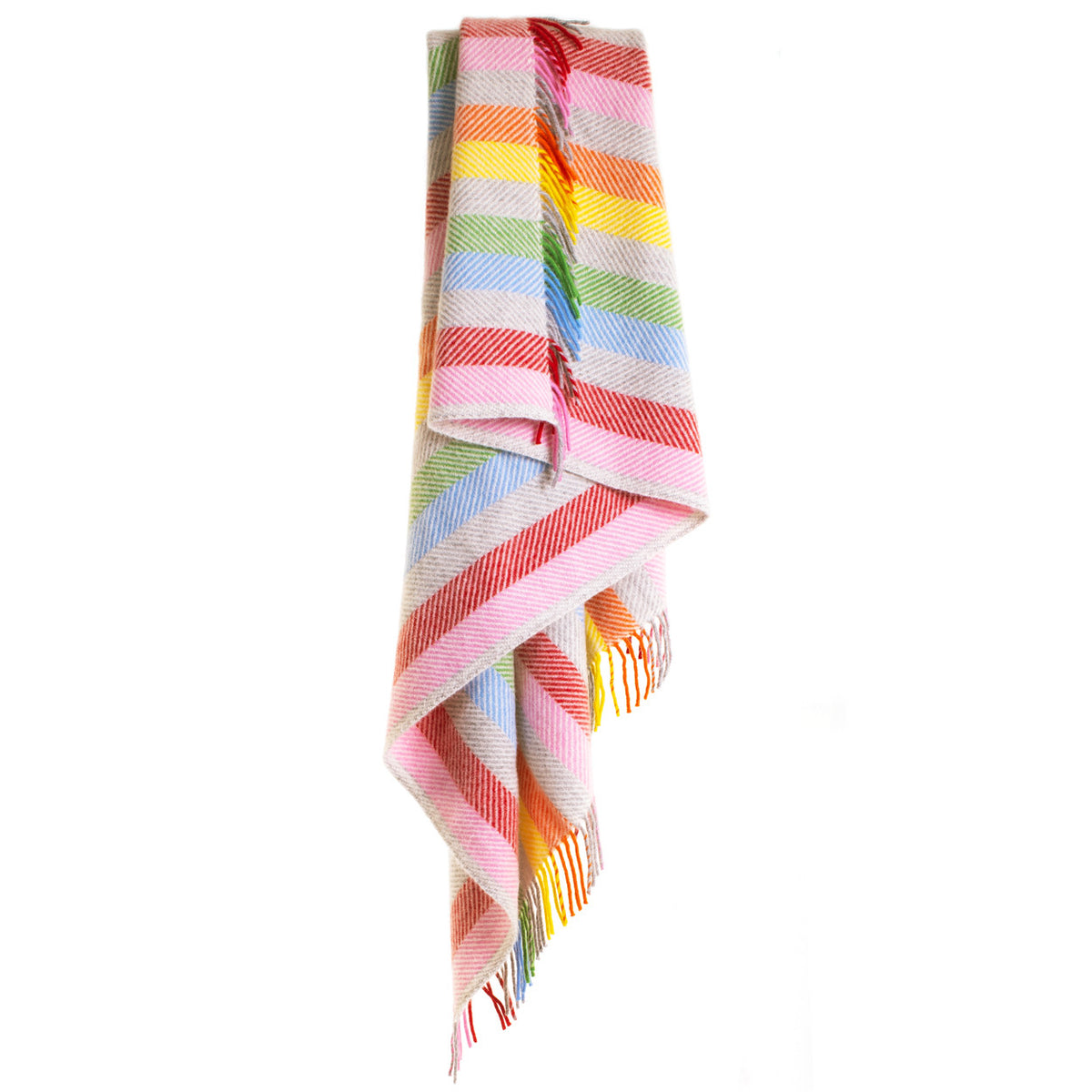 Rainbow grey stripe throw hanging over a rail