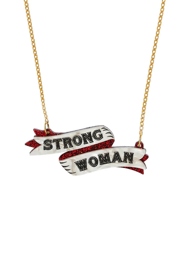 Tatty Devine 'Strong woman' banner necklace on a gold chain