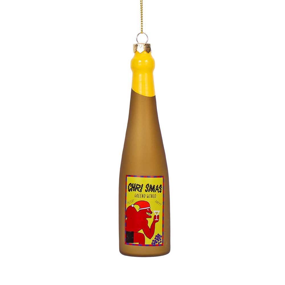 Glass wine bottle Christmas decoration with a yellow cap and red label