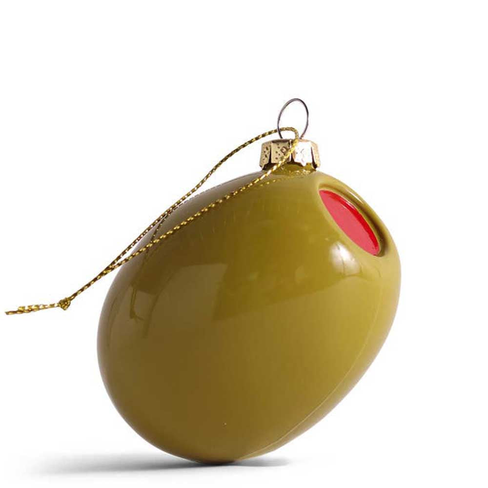 Glass green olive Christmas decoration with a red pimento