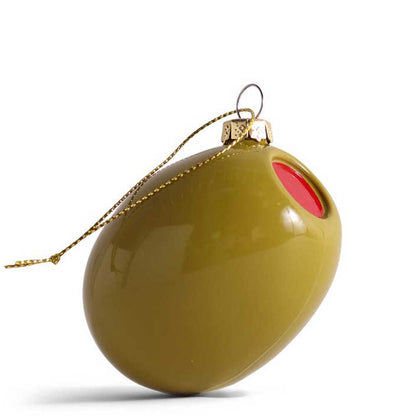 Glass green olive Christmas decoration with a red pimento