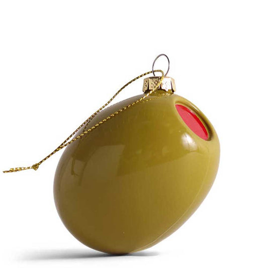 Glass green olive Christmas decoration with a red pimento