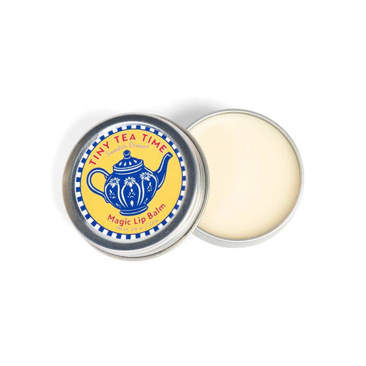Swedish Dream Tiny Tea Time magic lip balm: an open tin with a blue teapot on the lid