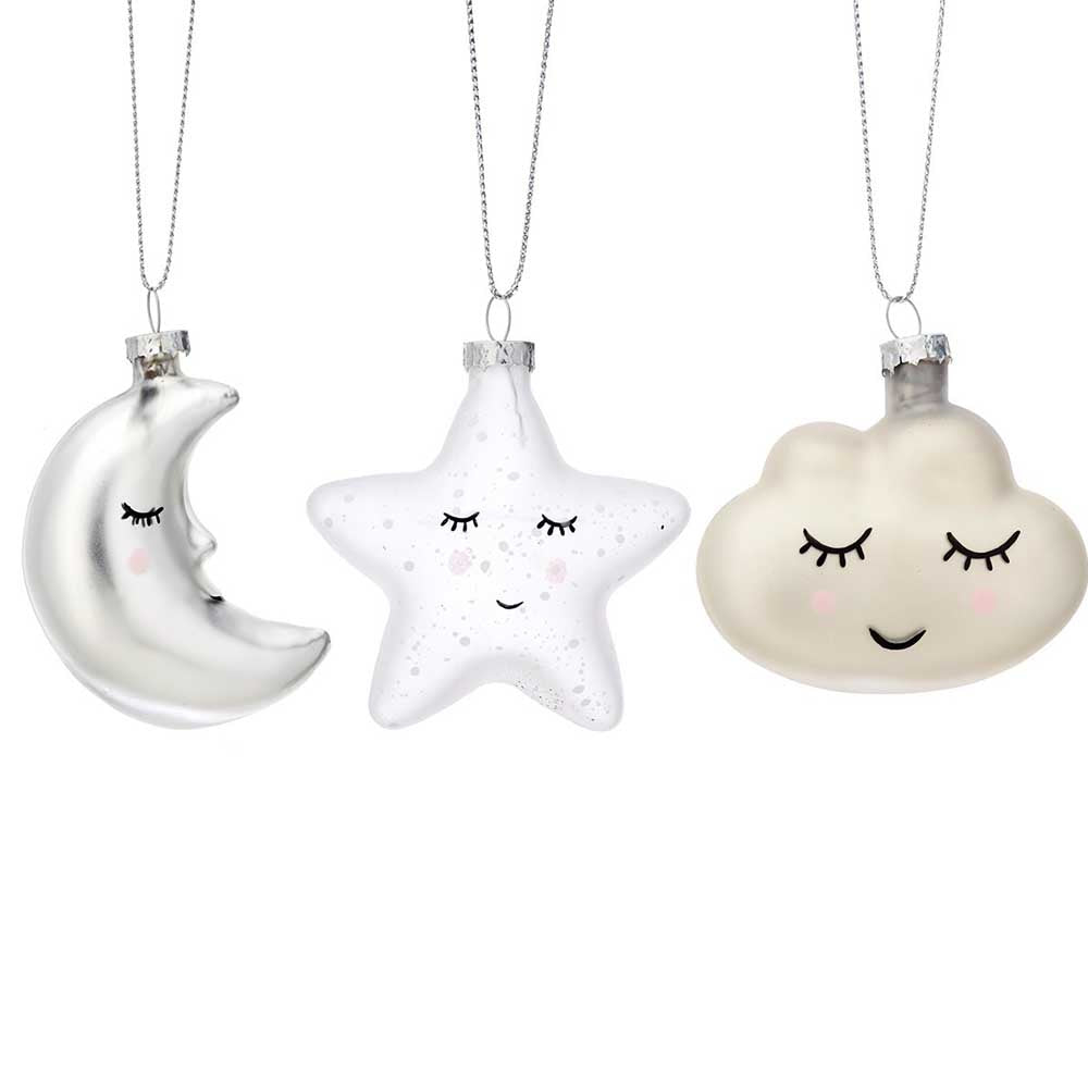 Set of three glass baubles: a sleeping crescent moon, star and cloud with closed eyes