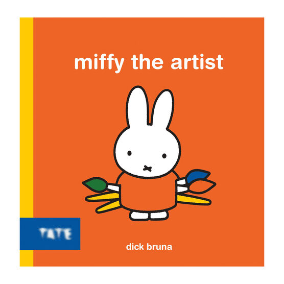 Miffy the Artist book cover with Miffy holding paintbrushes on an orange background