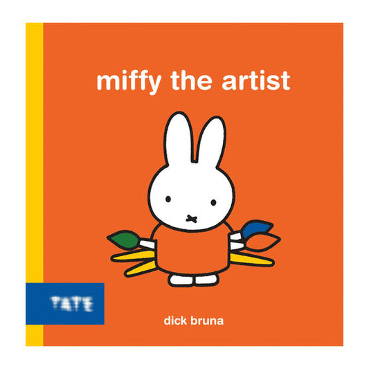 Miffy the Artist book cover with Miffy holding paintbrushes on an orange background