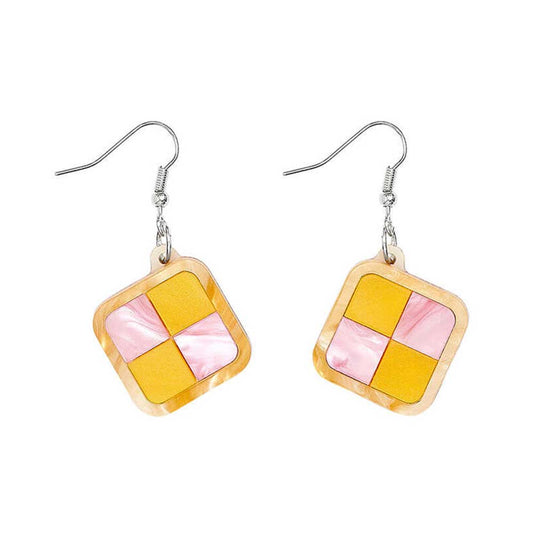 Square Battenberg cake drop earrings in pink and yellow on silver hooks