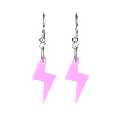 Fluoro pink bolt earrings, close-up