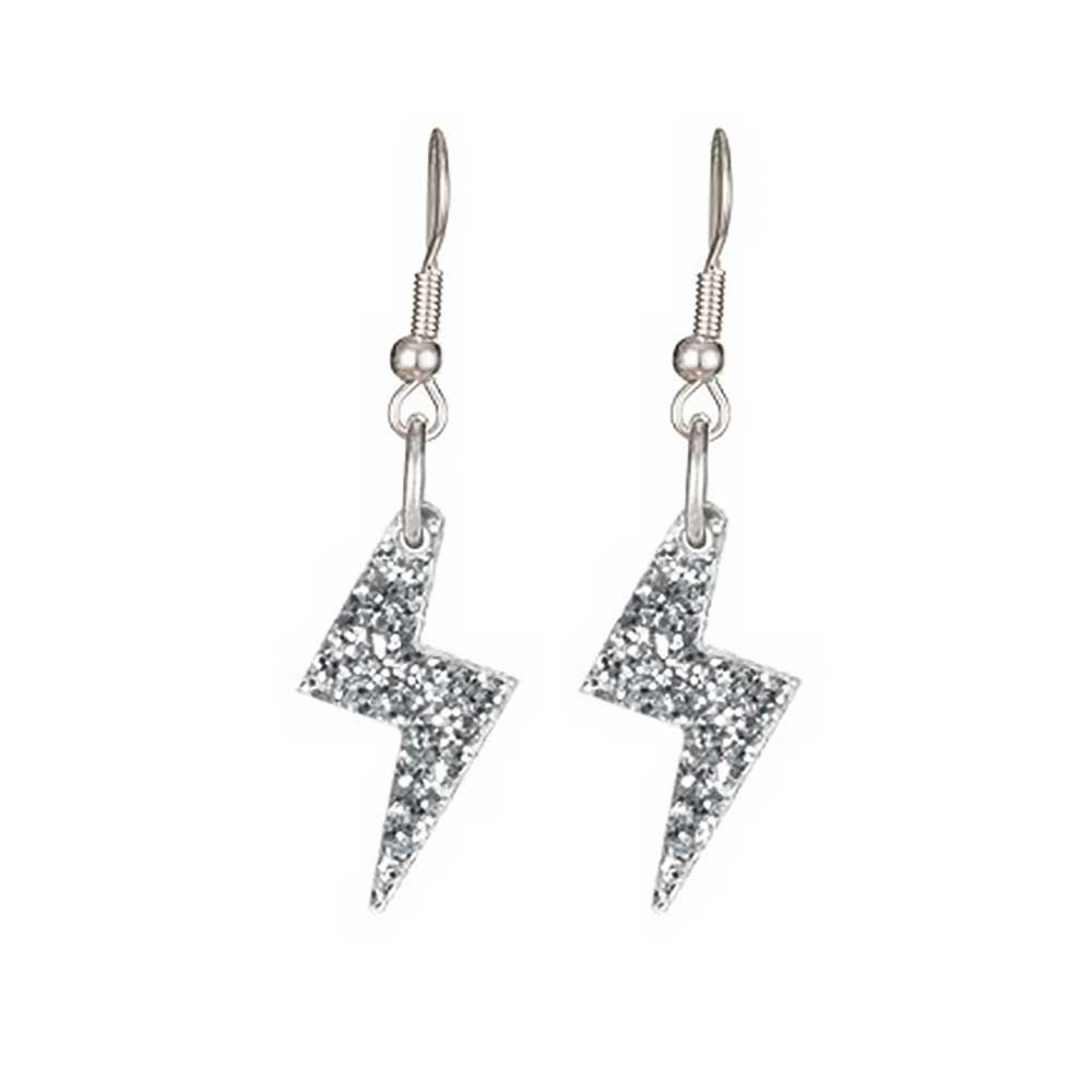 Silver glitter bolt earrings, close-up