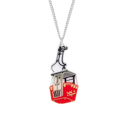 Pendant of a red cable car on a silver chain
