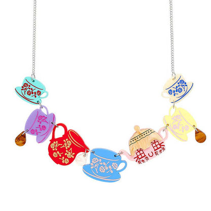 Necklace of pastel acrylic teacups, a teapot and a sugar bowl with a floral pattern