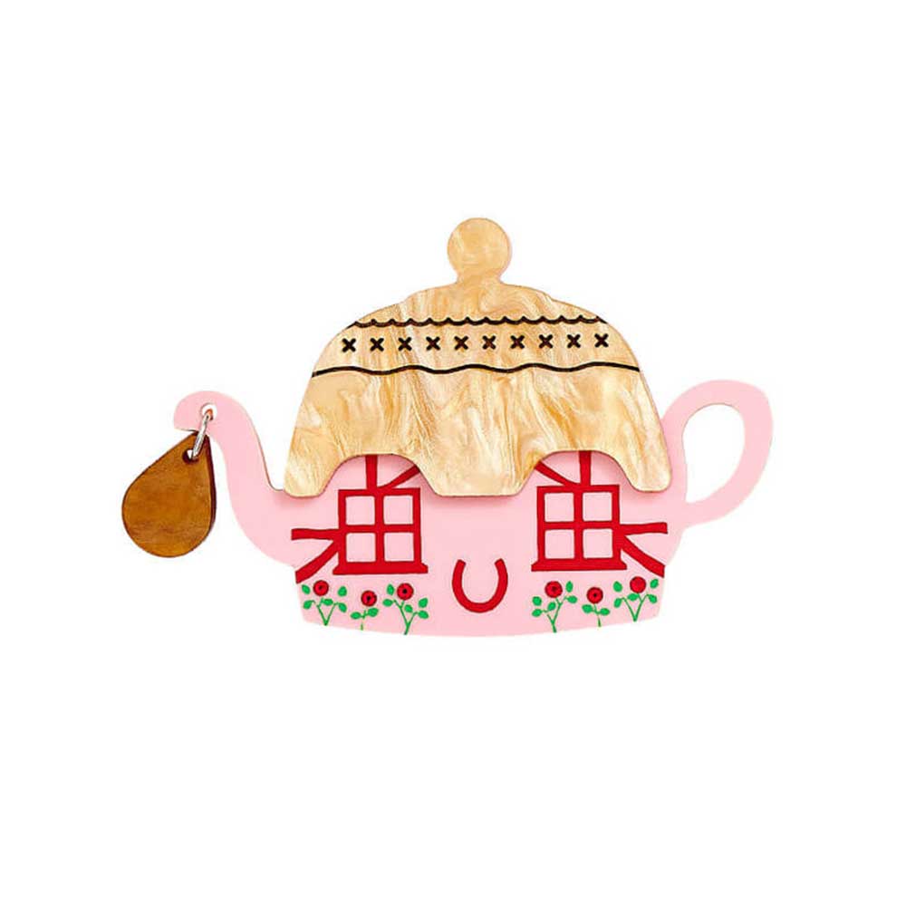 Tatty Devine cottage teapot brooch: a pink teapot shaped like a thatched cottage