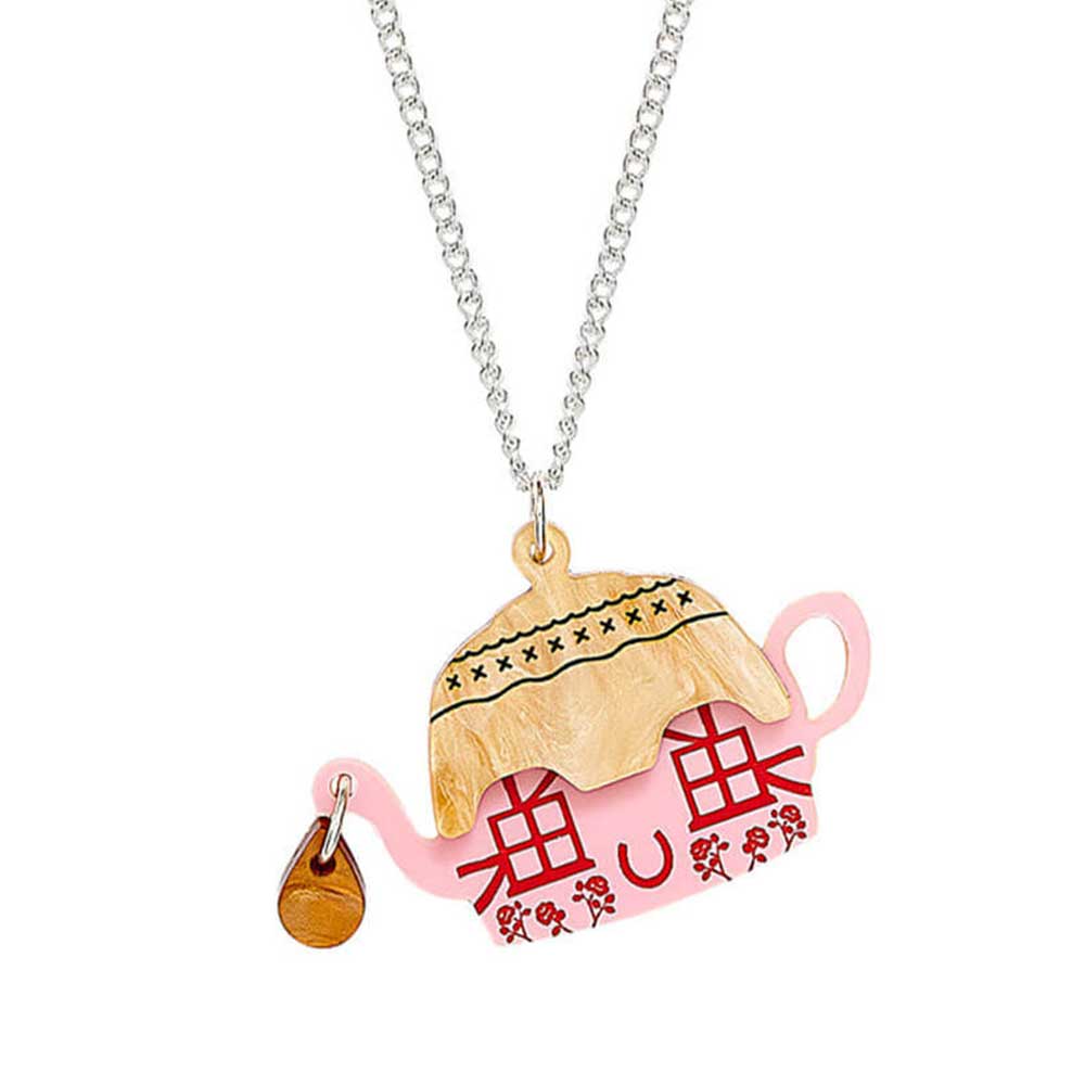 Tatty Devine cottage teapot pendant: a pink teapot shaped like a thatched cottage