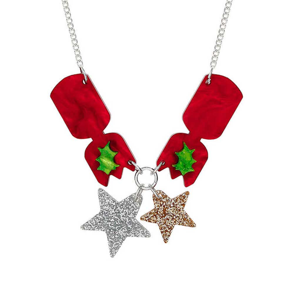 Tatty Devine Cracker Bang necklace: two red Christmas crackers with holly and silver and gold glitter stars