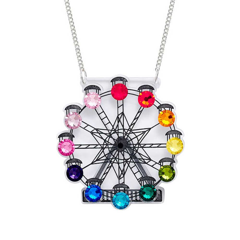 Silver Ferris wheel pendant set with rainbow crystals