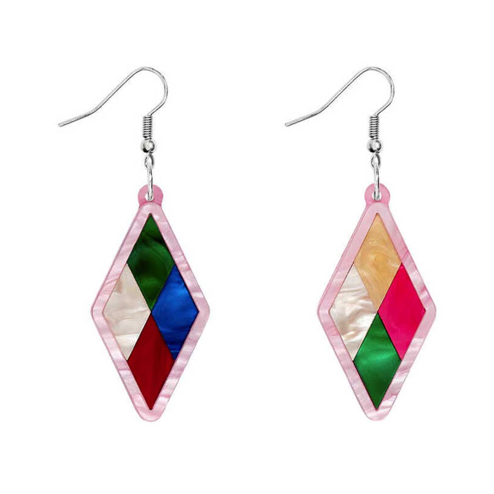 Tatty Devine harlequin earrings: pink diamond shapes with green, blue, red and pearl sections